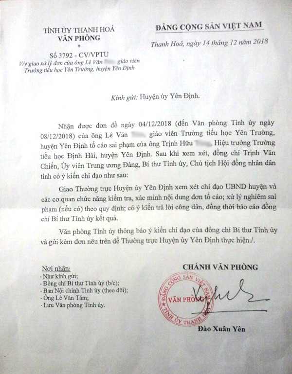 Văn bản của Tỉnh ủy Thanh Hóa chỉ đạo xử lý vụ việc. Văn bản của Tỉnh ủy Thanh Hóa chỉ đạo xử lý vụ việc.