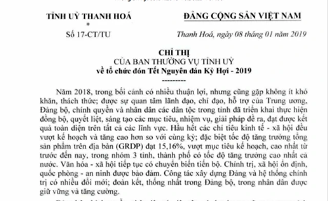 Chỉ thị của Ban Thường vụ Tỉnh ủy Thanh Hóa.