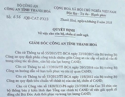 Quyết định xuất ngũ đối với trung úy Bùi Đức Anh do Công an tỉnh Thanh Hóa ban hành.