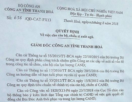 Quyết định xuất ngũ đối với trung úy Bùi Đức Anh do Công an tỉnh Thanh Hóa ban hành.
