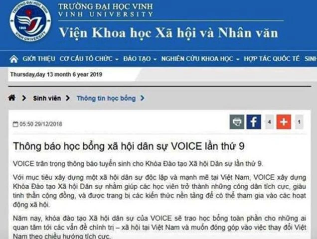 Học bổng xã hội dân sự Voice lần thứ 9 được đăng tải trên websit của Viện KHXH&NV - Trường ĐH Vinh từ tháng 12/2018