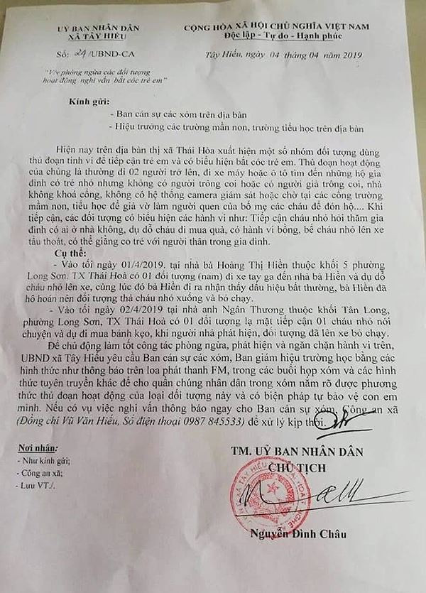 Văn bản của xã Tây Hiếu gửi các thôn xóm, trường học cảnh giác với bắt cóc trẻ em Văn bản của xã Tây Hiếu gửi các thôn xóm, trường học cảnh giác với bắt cóc trẻ em