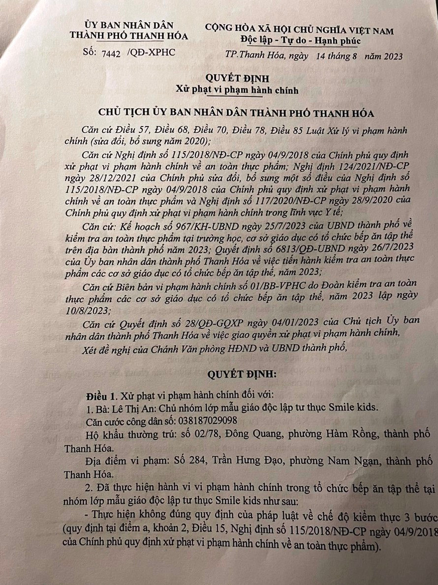 Quyết định xử phạt của UBND TP Thanh Hóa đối với bà Lê Thị An. Ảnh: HĐ.