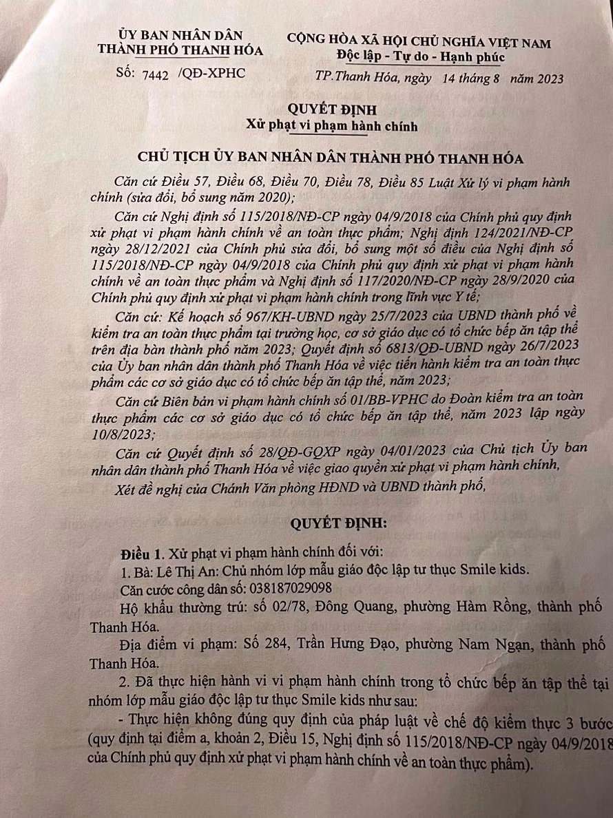 Quyết định xử phạt của UBND TP Thanh Hóa đối với bà Lê Thị An. Ảnh: HĐ.