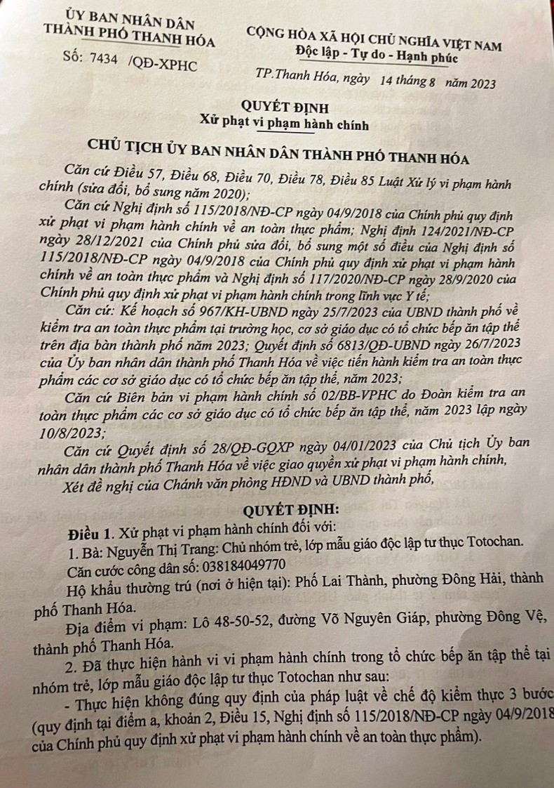 Quyết định xử phạt của UBND TP Thanh Hóa đối với bà Nguyễn Thị Trang. Ảnh: HĐ.