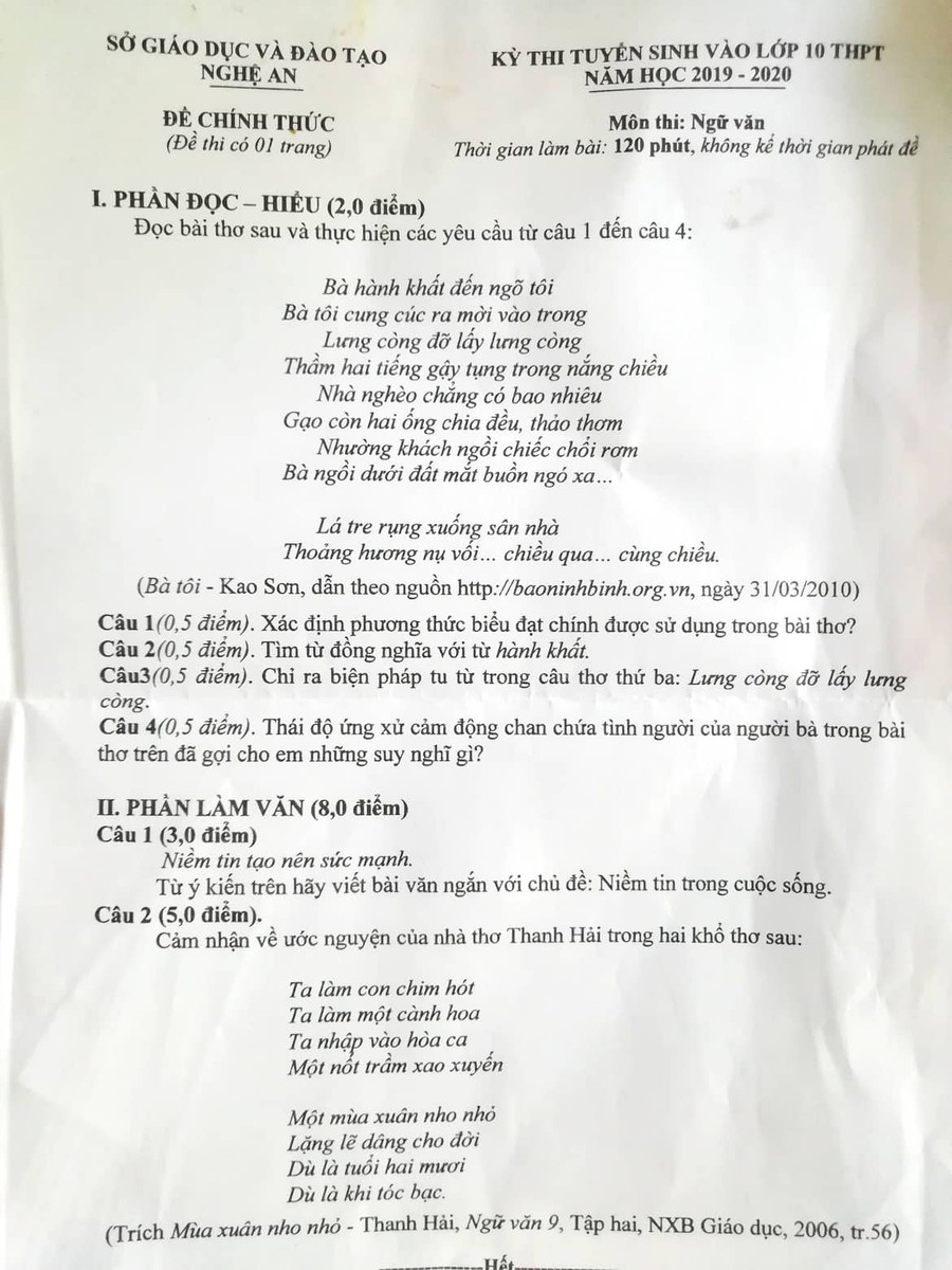 Đề thi chính thức môn Ngữ văn tuyển sinh vào 10 tỉnh Nghệ An Đề thi chính thức môn Ngữ văn tuyển sinh vào 10 tỉnh Nghệ An