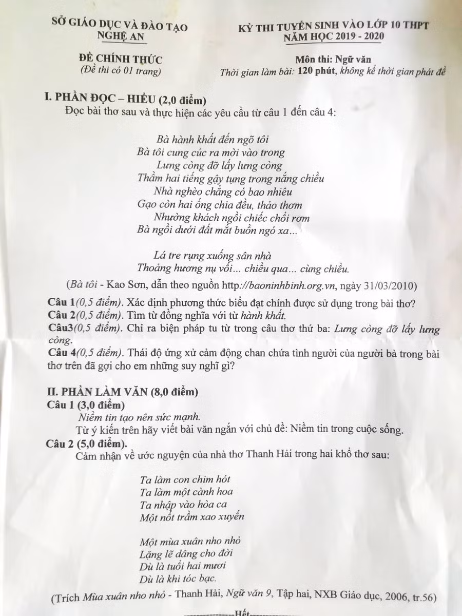 Đề thi chính thức môn Ngữ văn tuyển sinh vào 10 tỉnh Nghệ An