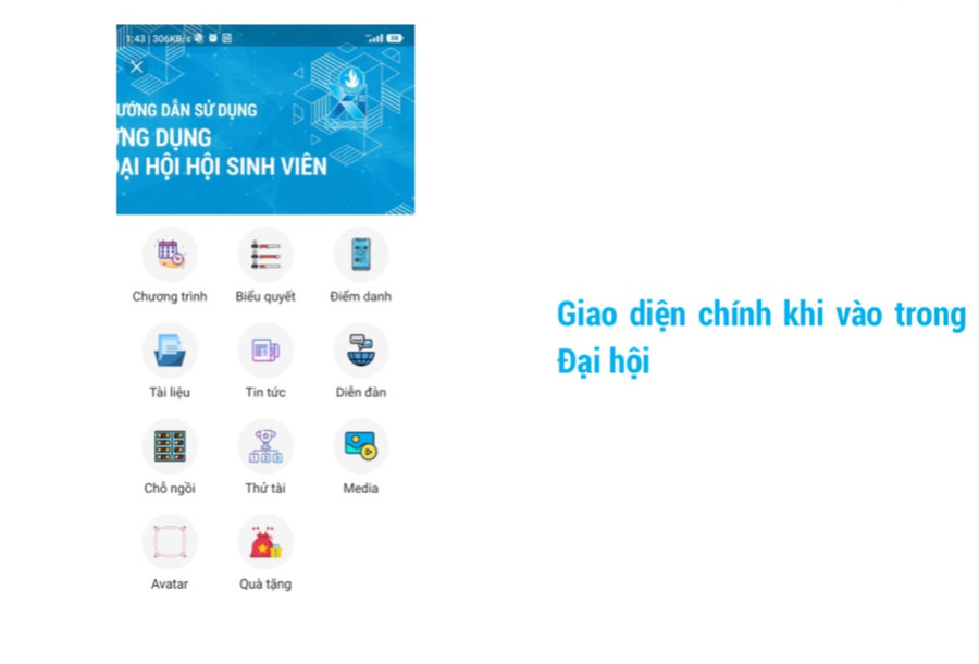 Giao diện chính khi vào ứng dụng Đại hội Hội Sinh viên Việt Nam.