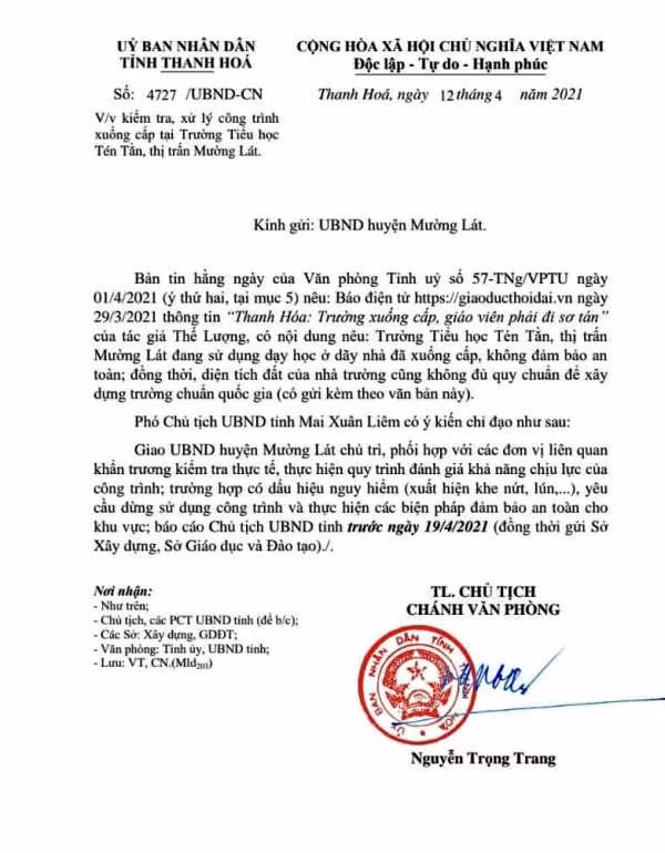 Công văn chỉ đạo của UBND tỉnh Thanh Hóa.