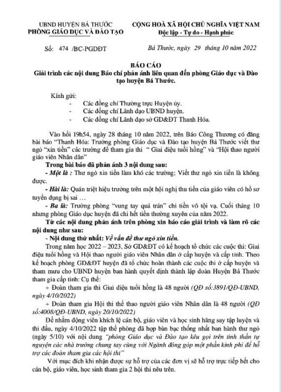 Báo cáo giải trình vụ việc của Phòng GD&amp;ĐT huyện Bá Thước.