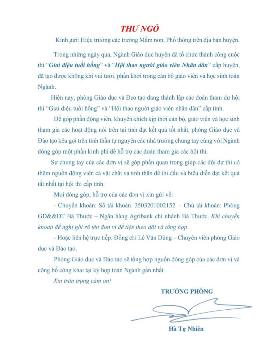 Bức thư ngỏ của Phòng GD&amp;ĐT huyện Bá Thước.