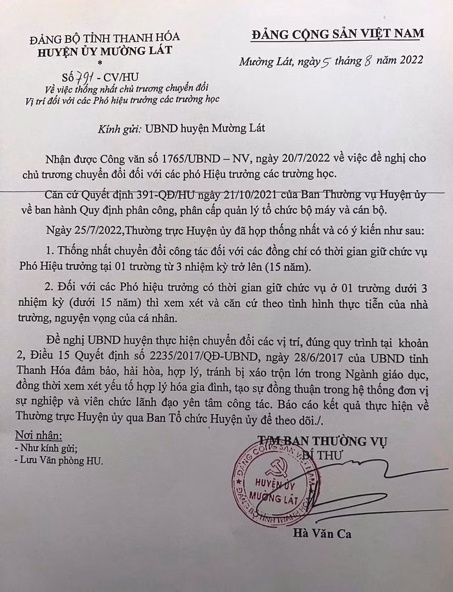 Công văn chỉ đạo của Huyện ủy Mường Lát về việc chuyển đổi vị trí các Phó hiệu trưởng trường học trên địa bàn.