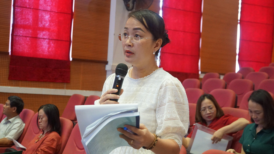 Bà Huỳnh Thị Hải Quyên (Ban Tổ chức Cán bộ, Đại học Quốc gia TPHCM) trao đổi tại Hội nghị. Ảnh: Mạnh Tùng