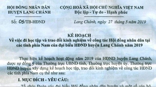 Kế hoạch đợt đi học tập kinh nghiệm của đại biểu HĐND huyện Lang Chánh.