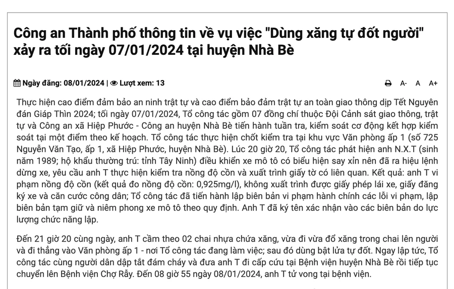 Thông báo về vụ việc của Công an TPHCM. Ảnh: Công an TPHCM