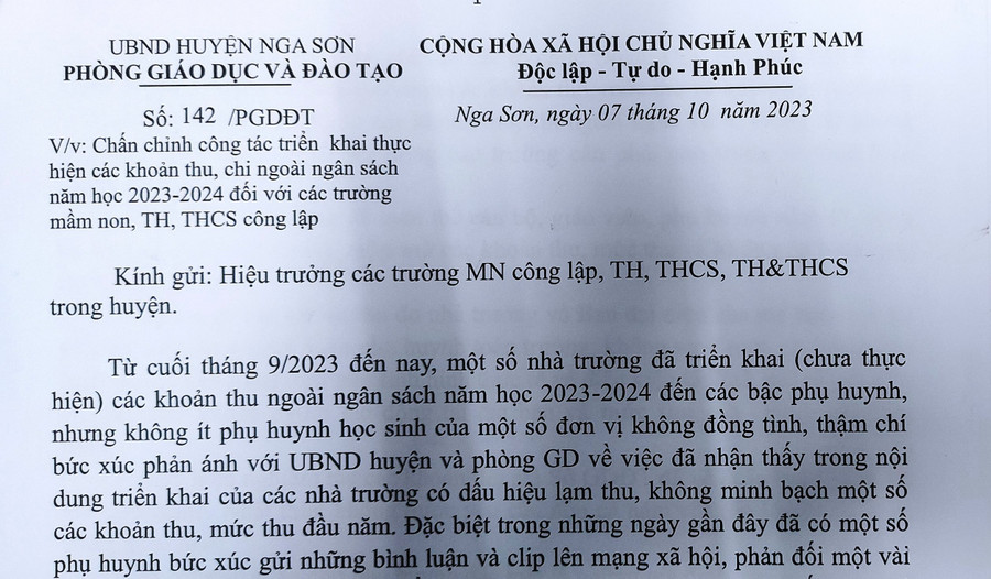 Công văn chỉ đạo của Phòng GD&ĐT huyện Nga Sơn (Thanh Hóa). (Ảnh: TL) Công văn chỉ đạo của Phòng GD&ĐT huyện Nga Sơn (Thanh Hóa). (Ảnh: TL)