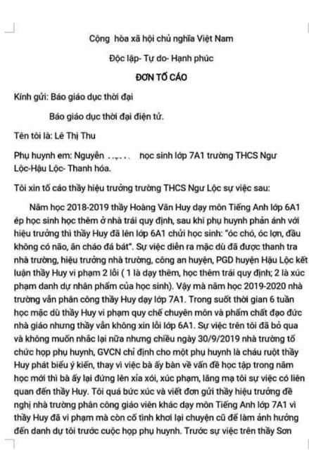 Đơn tố cáo của chị Lê Thị Thu gửi Báo GD&TĐ.