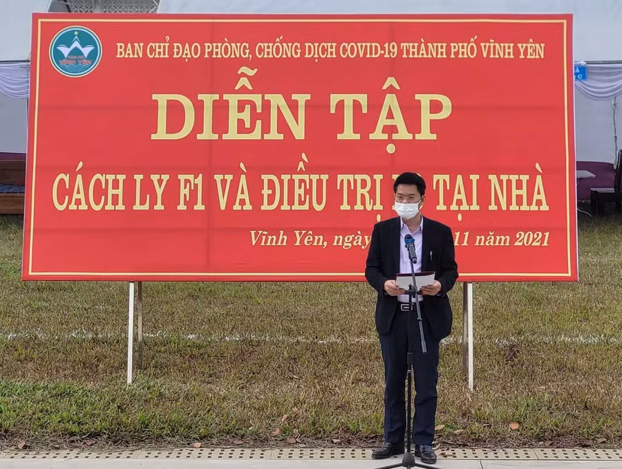 Phó Chủ tịch UBND tỉnh Vĩnh Phúc Nguyễn Văn Khước phát biểu tại buổi diễn tập