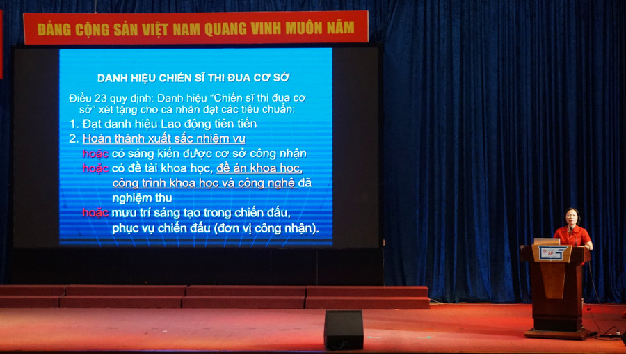 Bà Đỗ Thúy Phượng trình bày những điểm mới trong quy định về danh hiệu chiến sĩ thi đua cơ sở. Ảnh: Mạnh Tùng