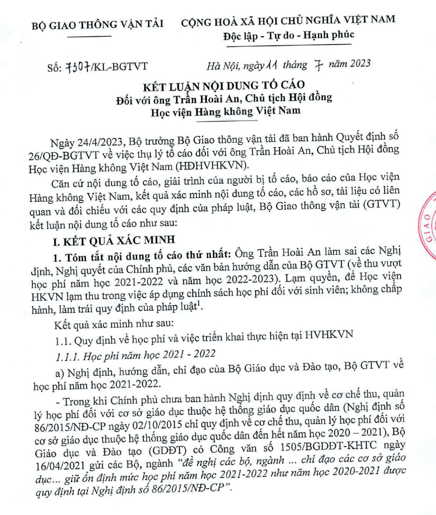 Một phần kết luận của Bộ GTVT về sự việc tại Học viện Hàng không Việt Nam. Ảnh: Chụp màn hình.