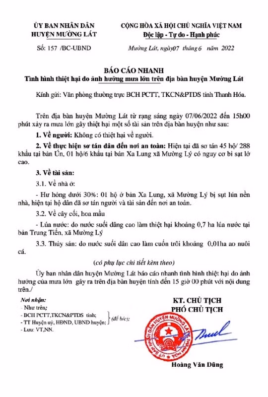 Báo cáo về tình hình mưa lớn ngày 7/6 của UBND huyện Mường Lát.