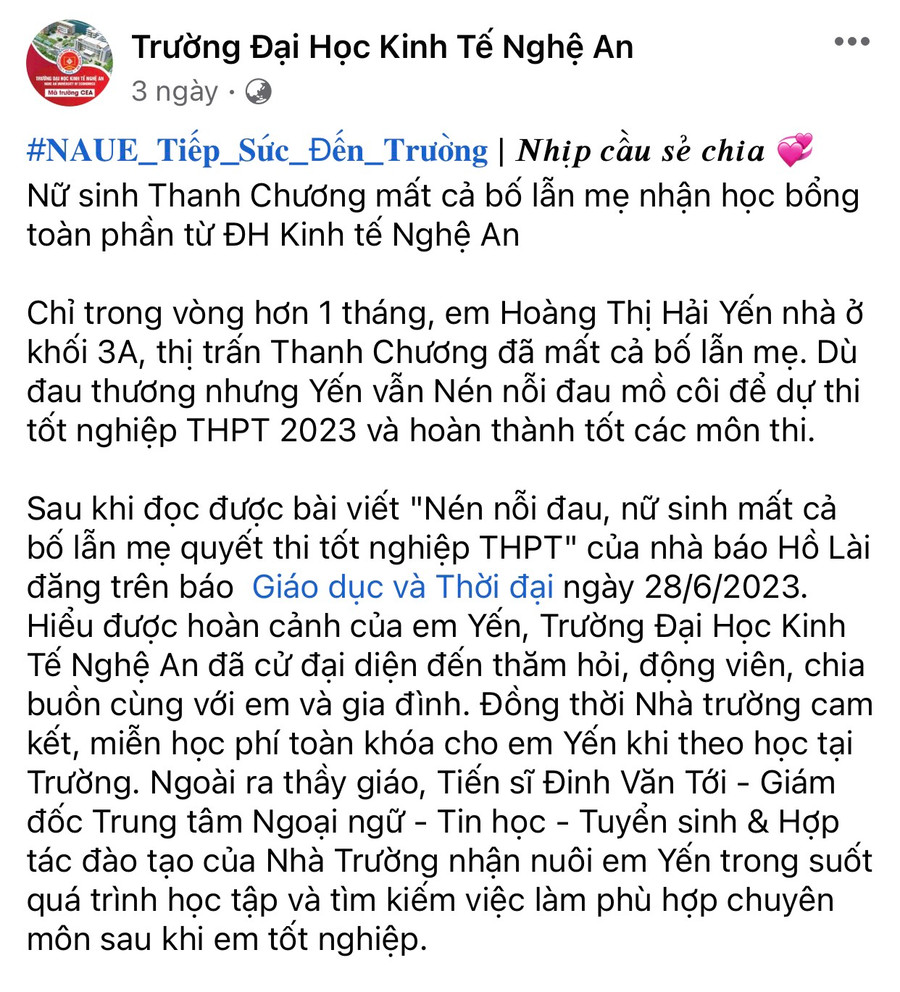 Thông tin hỗ trợ em Hoàng Thị Hải Yến trên Fanpage của Trường ĐH Kinh tế Nghệ An. Thông tin hỗ trợ em Hoàng Thị Hải Yến trên Fanpage của Trường ĐH Kinh tế Nghệ An.