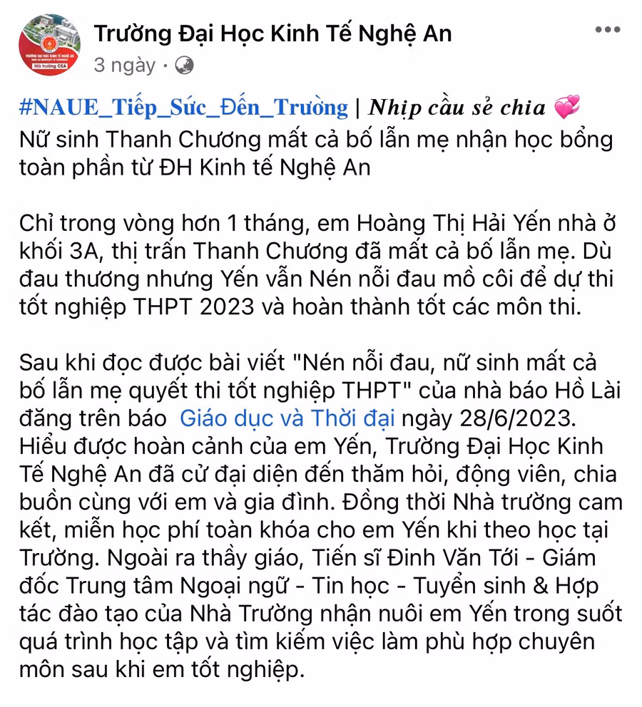 Thông tin hỗ trợ em Hoàng Thị Hải Yến trên Fanpage của Trường ĐH Kinh tế Nghệ An.