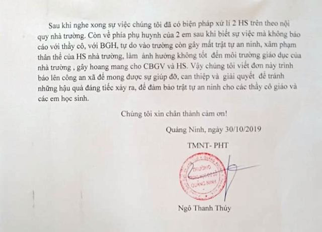 Đơn trình báo vụ việc của nhà trường. Đơn trình báo vụ việc của nhà trường.