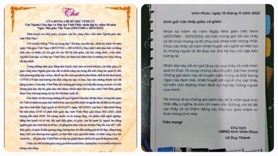 Thư chúc mừng của Bí thư Tỉnh ủy Vĩnh Phúc và lời nhắn kèm món quà tri thức của Chủ tịch UBND tỉnh.