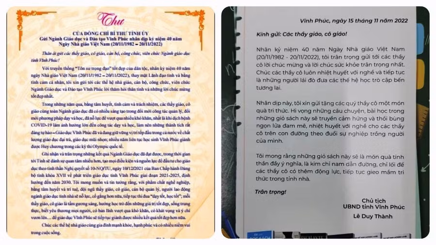 Thư chúc mừng của Bí thư Tỉnh ủy Vĩnh Phúc và lời nhắn kèm món quà tri thức của Chủ tịch UBND tỉnh.