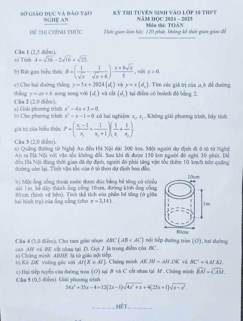 Đề thi chính thức môn Toán - Kỳ thi tuyển sinh lớp 10 THPT tỉnh Nghệ An năm học 2024-2025. Ảnh: Hồ Lài