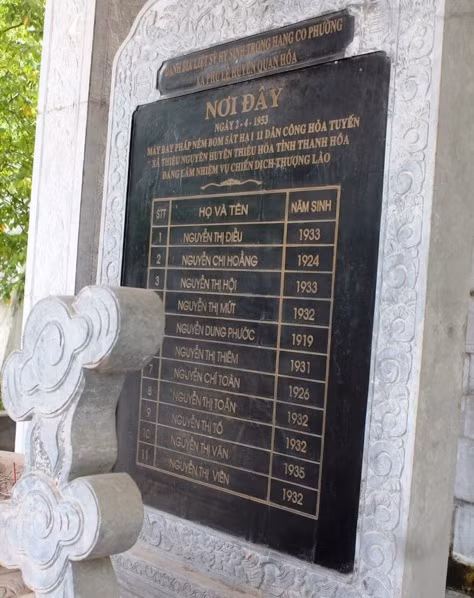 Bia ghi danh các anh hùng liệt sĩ tại hang Co Phương. Ảnh: Thế Lượng