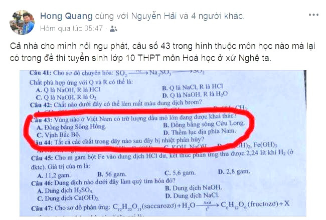 Phụ huynh băn khoăn về câu hỏi thuộc về môn Địa lý vào đề Hóa học