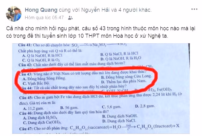 Phụ huynh băn khoăn về câu hỏi thuộc về môn Địa lý vào đề Hóa học