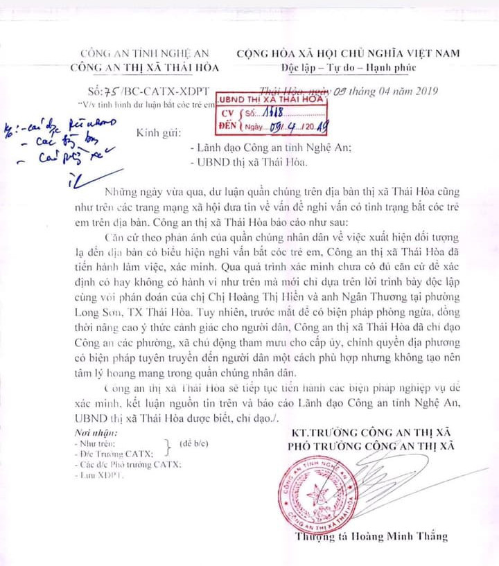 Văn bản Công an thị xã Thái Hòa gửi các xã phường trên địa bàn Văn bản Công an thị xã Thái Hòa gửi các xã phường trên địa bàn
