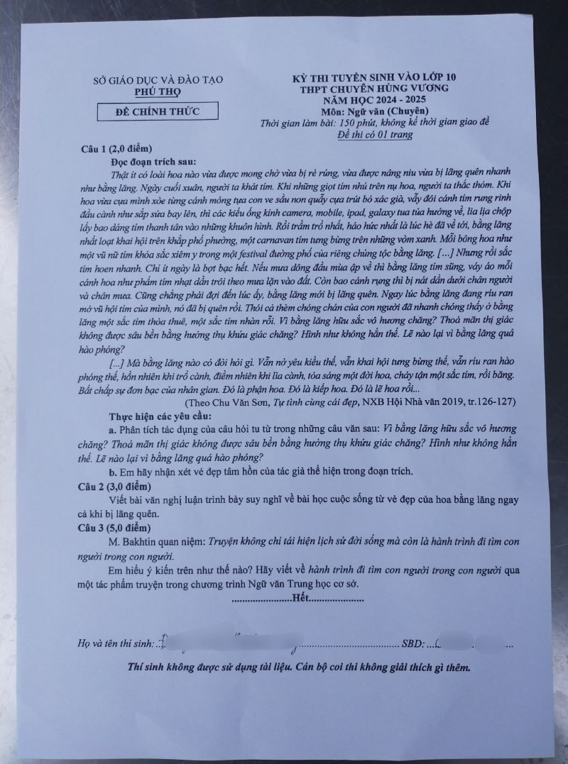 Đề chính thức môn Ngữ văn chuyên.