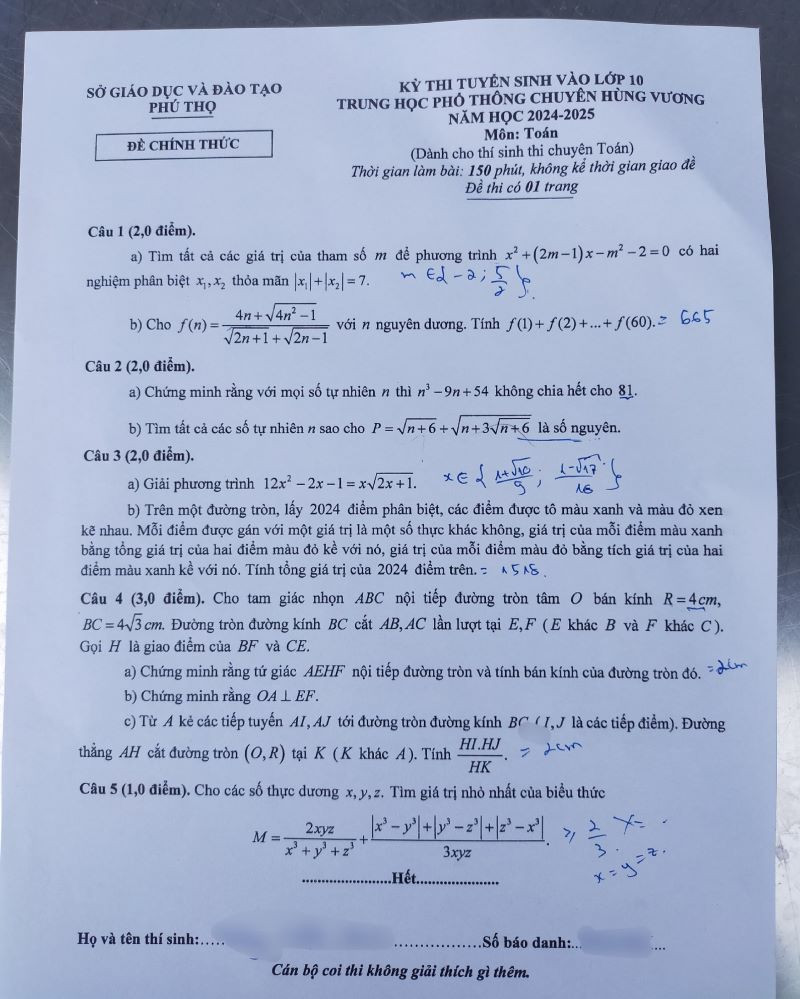 Đề thi chính thức môn Toán chuyên.