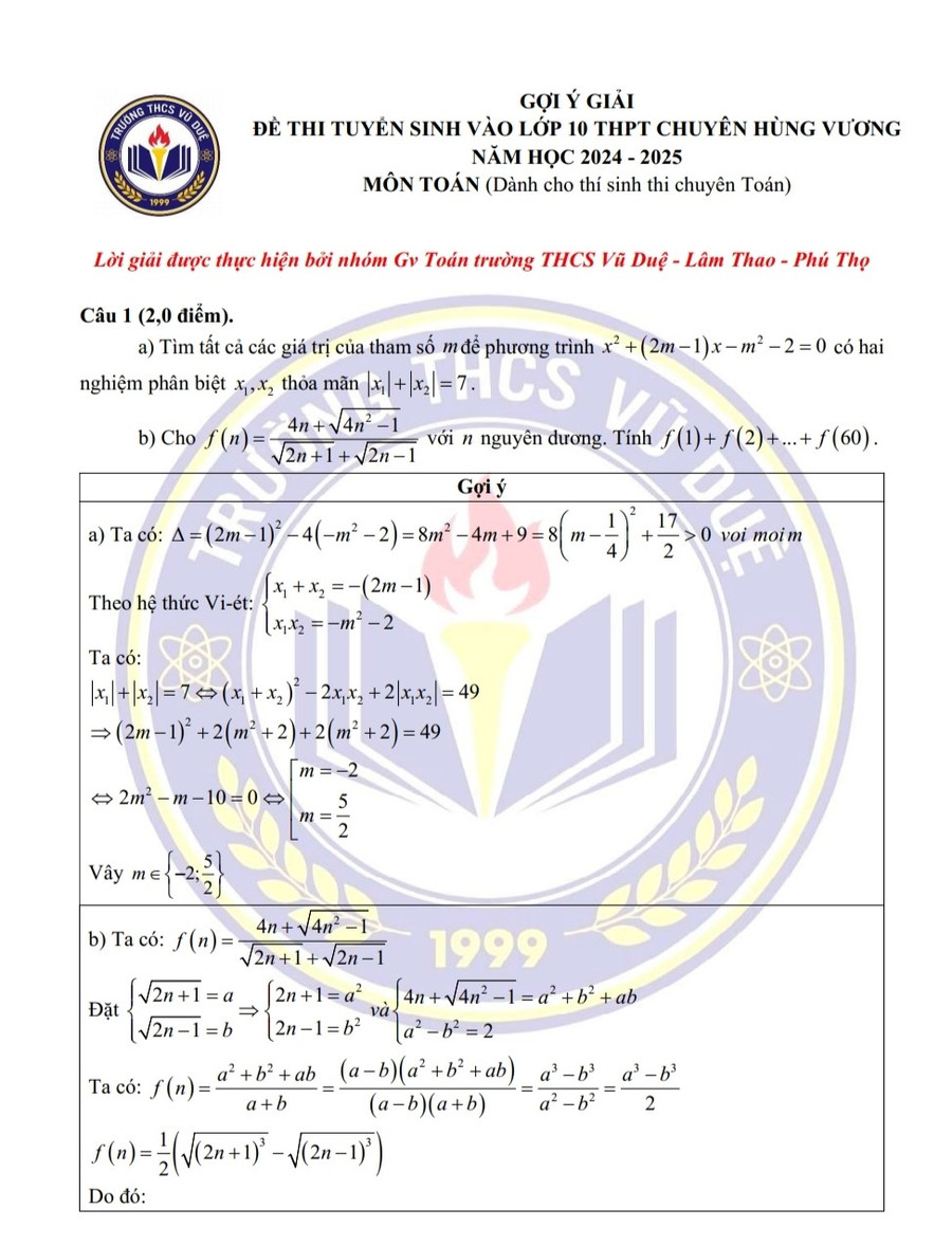 Gợi ý đáp án môn Toán chuyên do nhóm giáo viên trường THCS Vũ Duệ, huyện Lâm Thao thực hiện (trang 1). Gợi ý đáp án môn Toán chuyên do nhóm giáo viên trường THCS Vũ Duệ, huyện Lâm Thao thực hiện (trang 1).