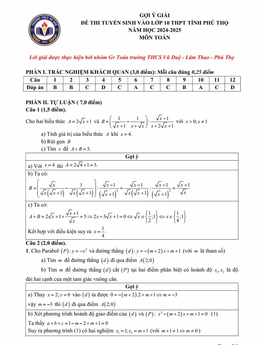Gợi ý đáp án môn Toán thi vào Lớp 10 năm học 2024 - 2025 ở Phú Thọ do nhóm giáo viên Trường THCS Vũ Duệ thực hiện (trang 1). Gợi ý đáp án môn Toán thi vào Lớp 10 năm học 2024 - 2025 ở Phú Thọ do nhóm giáo viên Trường THCS Vũ Duệ thực hiện (trang 1).