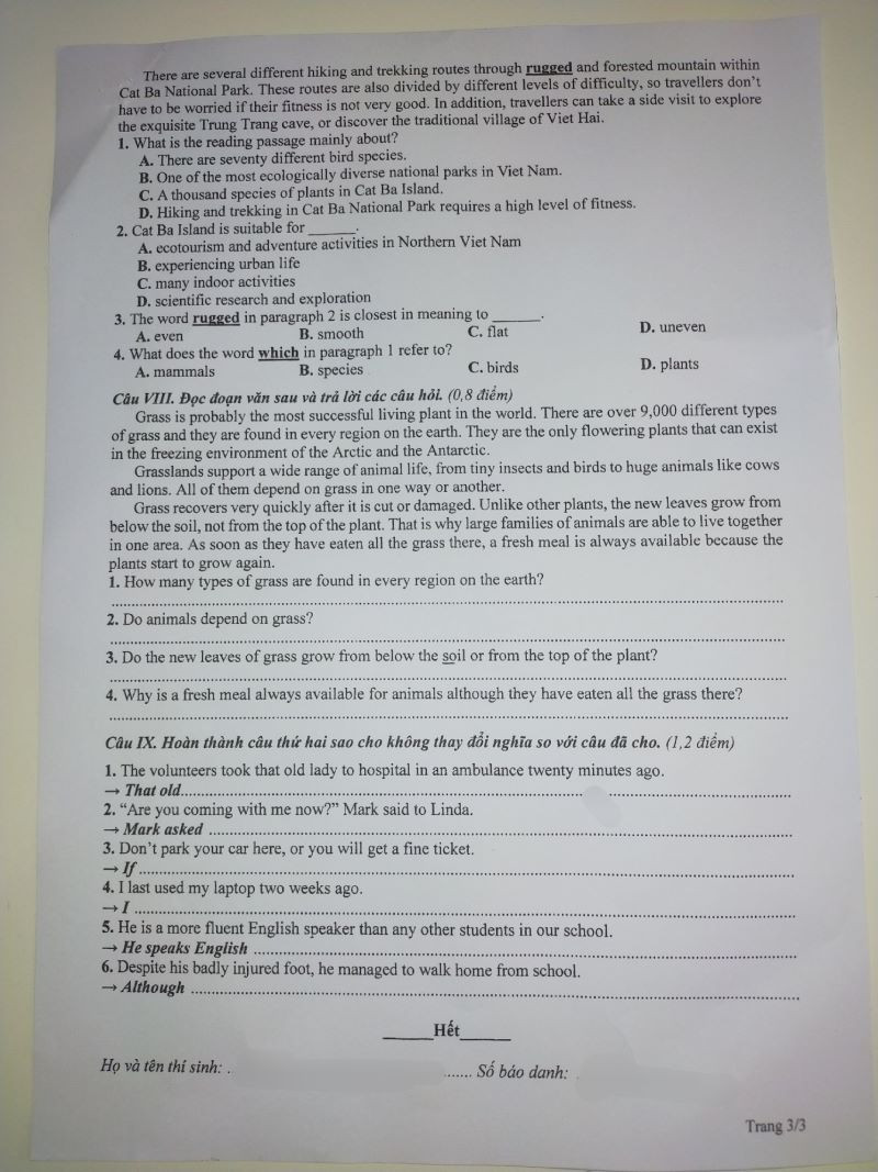 Đề thi chính thức môn tiếng Anh không chuyên (trang 3). Đề thi chính thức môn tiếng Anh không chuyên (trang 3).