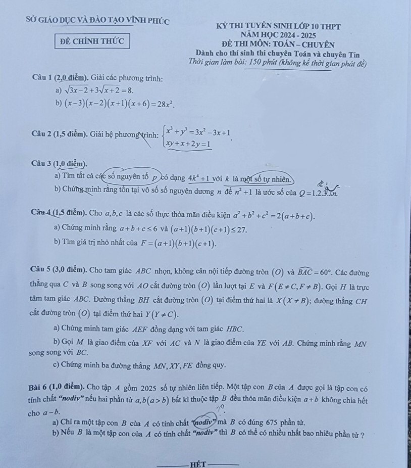 Đề thi vào lớp 10 chuyên Toán Trường THPT Chuyên Vĩnh Phúc năm học 2024-2025. Đề thi vào lớp 10 chuyên Toán Trường THPT Chuyên Vĩnh Phúc năm học 2024-2025.