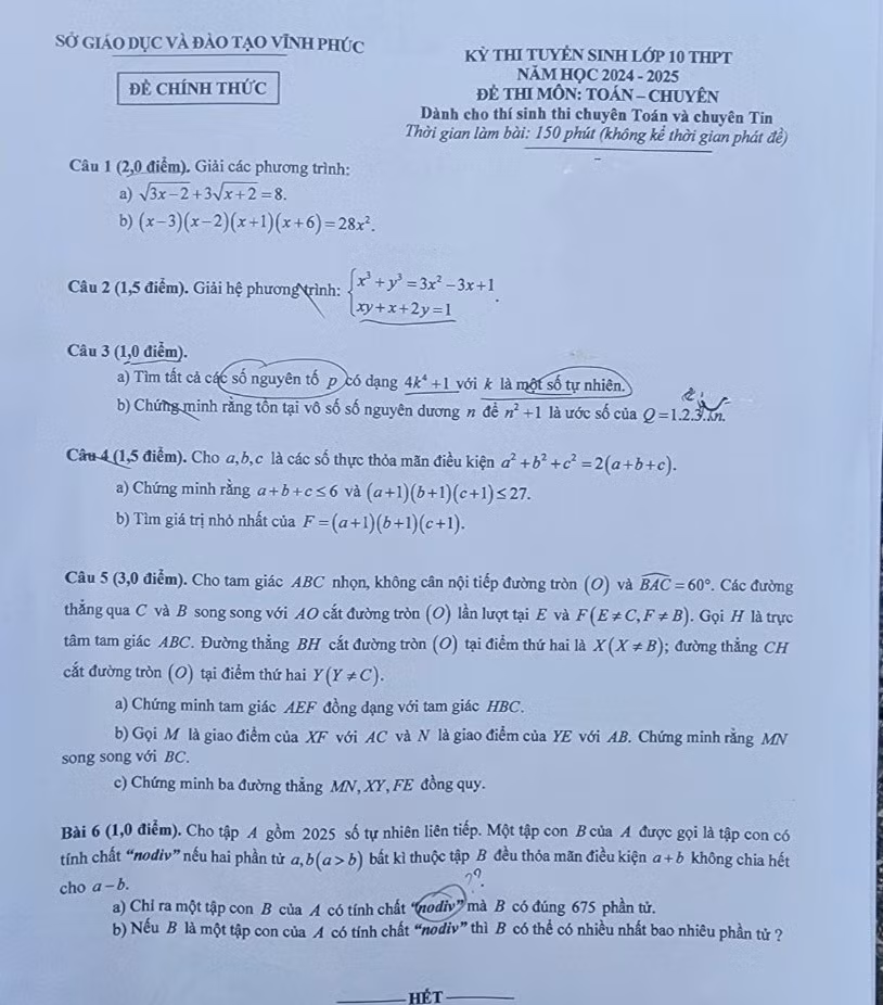 Đề thi vào lớp 10 chuyên Toán Trường THPT Chuyên Vĩnh Phúc năm học 2024-2025.