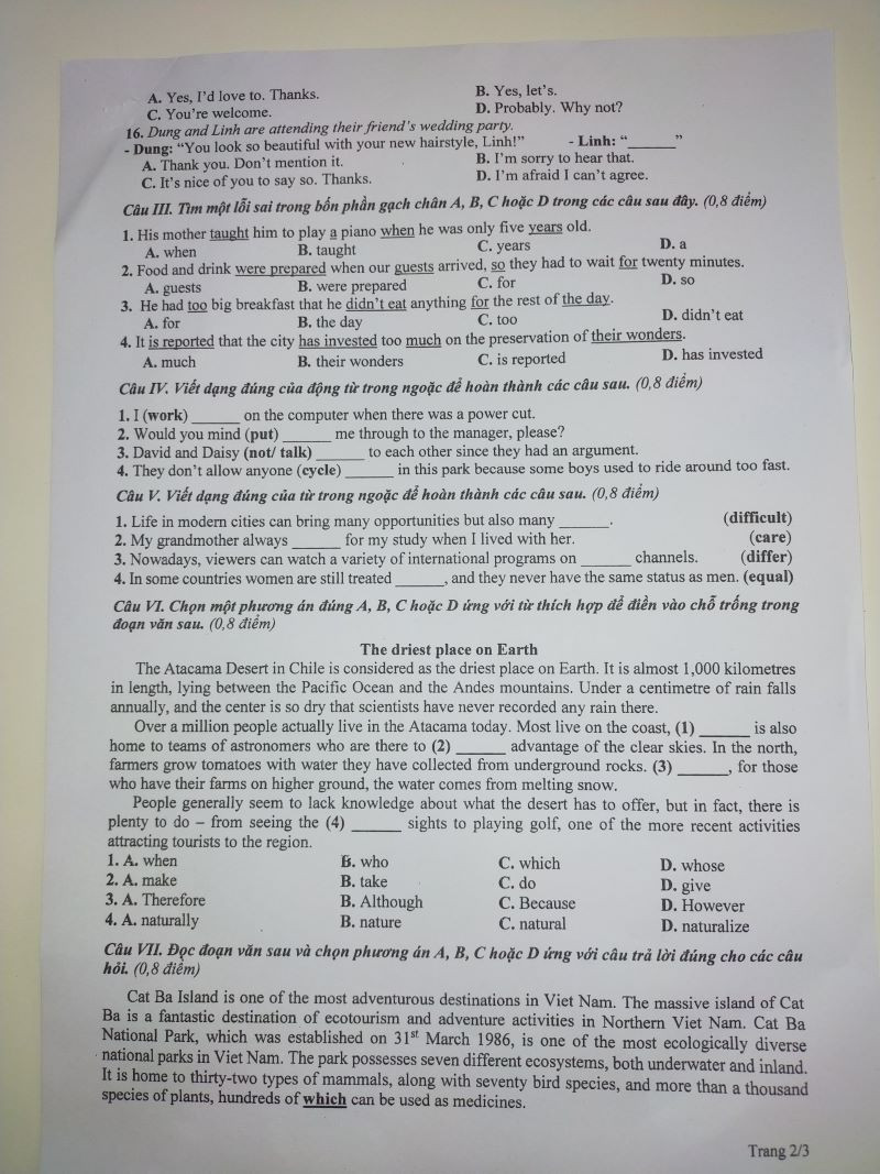 Đề thi chính thức môn tiếng Anh không chuyên (trang 2). Đề thi chính thức môn tiếng Anh không chuyên (trang 2).