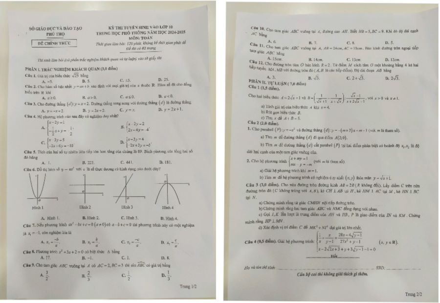 Đề thi chính thức môn Toán. Đề thi chính thức môn Toán.