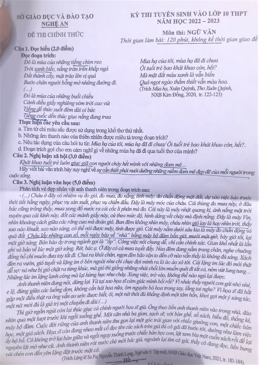 Đề thi môn Ngữ văn, Kỳ thi tuyển sinh vào lớp 10 THPT tỉnh Nghệ An năm học 2022-2023.