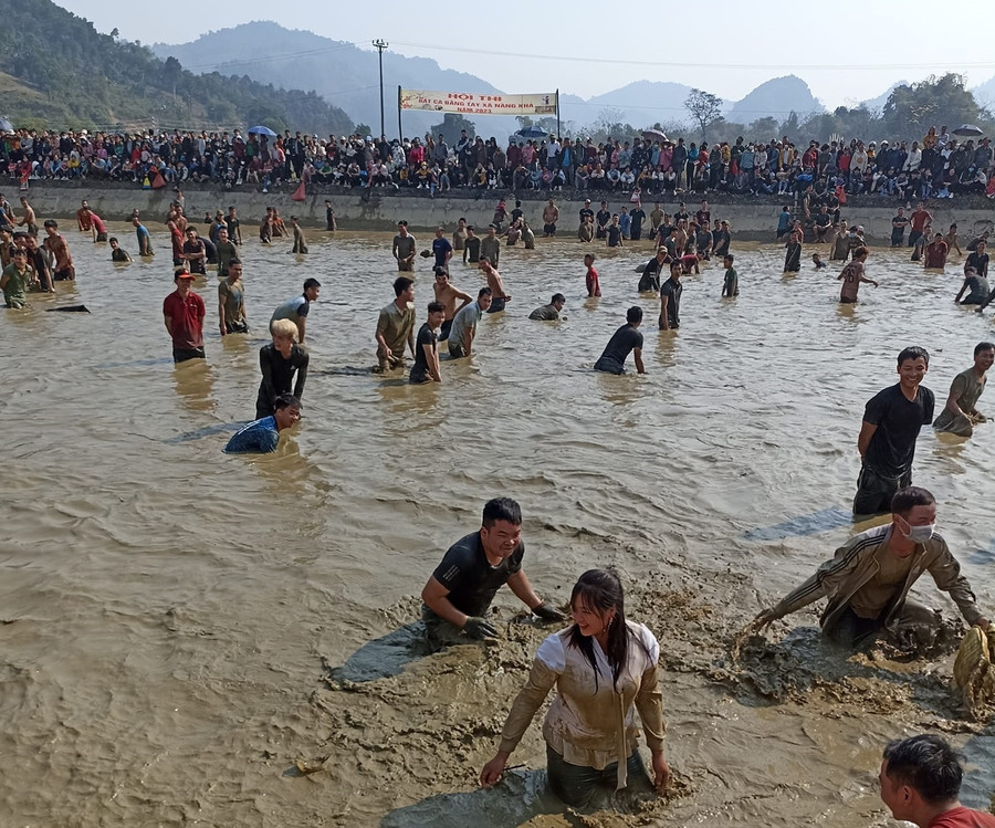 Nhiều người đều nô nức lội xuống tham dự bắt cá để lấy may Nhiều người đều nô nức lội xuống tham dự bắt cá để lấy may