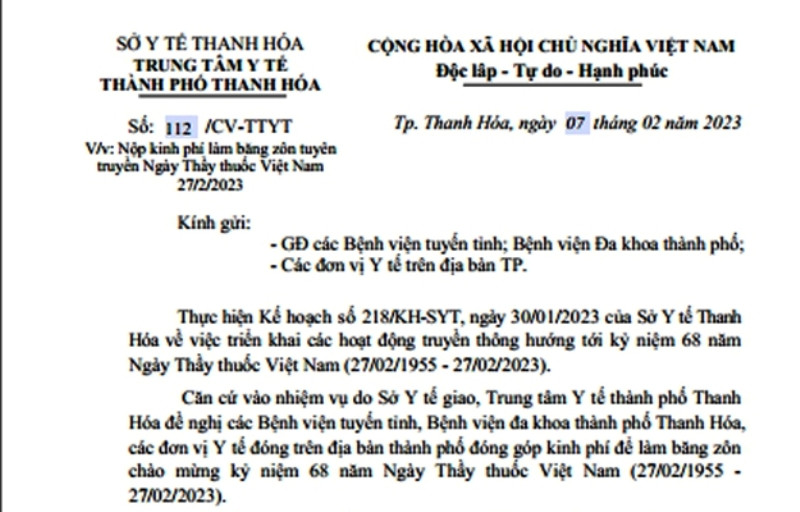 Công văn của Trung tâm Y tế TP Thanh Hóa. Ảnh: Hồng Đức.