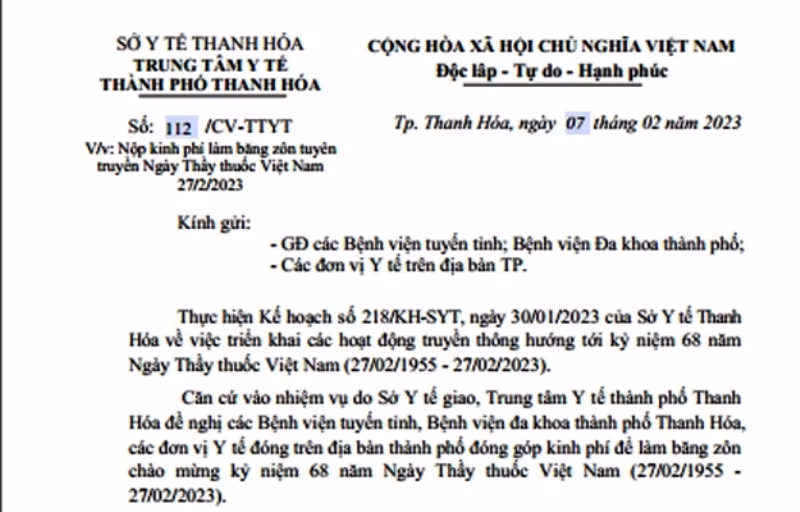 Công văn của Trung tâm Y tế TP Thanh Hóa. Ảnh: Hồng Đức. Công văn của Trung tâm Y tế TP Thanh Hóa. Ảnh: Hồng Đức.