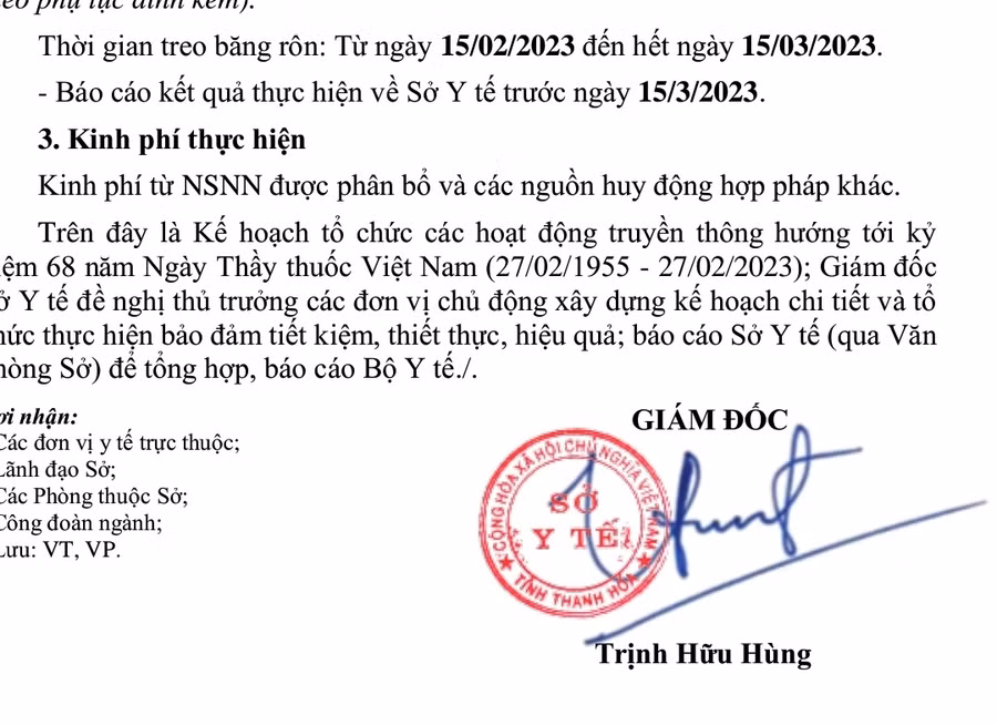 Kế hoạch tuyên truyền kỷ niệm ngày Thầy thuốc Việt Nam (27/2/2023), do Giám đốc Sở Y tế Thanh Hóa ký. Ảnh: Hồng Đức. Kế hoạch tuyên truyền kỷ niệm ngày Thầy thuốc Việt Nam (27/2/2023), do Giám đốc Sở Y tế Thanh Hóa ký. Ảnh: Hồng Đức.