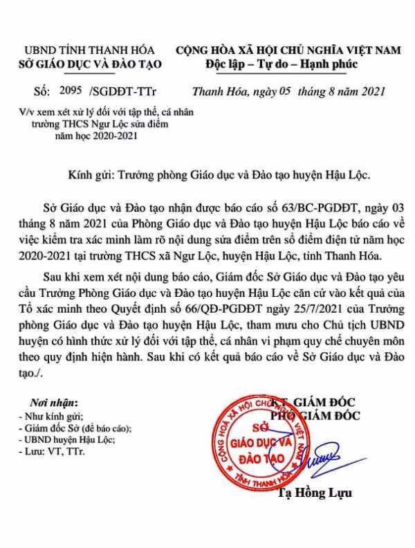 Công văn của Sở GD&amp;ĐT Thanh Hóa.